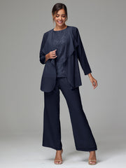 3 Pieces Long Sleeves Chiffon Lace Mother Of The Bride Dress Pants Suits