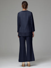3 Pieces Long Sleeves Chiffon Lace Mother Of The Bride Dress Pants Suits