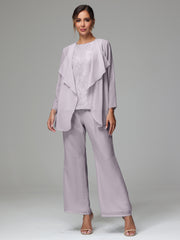 3 Pieces Long Sleeves Chiffon Lace Mother Of The Bride Dress Pants Suits