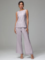 3 Pieces Long Sleeves Chiffon Lace Mother Of The Bride Dress Pants Suits