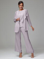 3 Pieces Long Sleeves Chiffon Lace Mother Of The Bride Dress Pants Suits