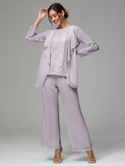 3 Pieces Long Sleeves Chiffon Lace Mother Of The Bride Dress Pants Suits