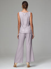 3 Pieces Long Sleeves Chiffon Lace Mother Of The Bride Dress Pants Suits