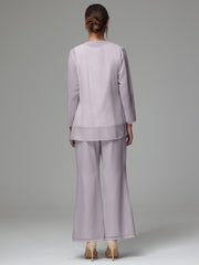 3 Pieces Long Sleeves Chiffon Lace Mother Of The Bride Dress Pants Suits