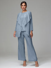 3 Pieces Long Sleeves Chiffon Lace Mother Of The Bride Dress Pants Suits