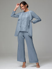 3 Pieces Long Sleeves Chiffon Lace Mother Of The Bride Dress Pants Suits