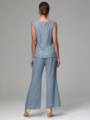 3 Pieces Long Sleeves Chiffon Lace Mother Of The Bride Dress Pants Suits