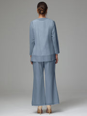 3 Pieces Long Sleeves Chiffon Lace Mother Of The Bride Dress Pants Suits