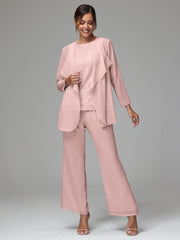 3 Pieces Long Sleeves Chiffon Lace Mother Of The Bride Dress Pants Suits