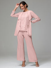 3 Pieces Long Sleeves Chiffon Lace Mother Of The Bride Dress Pants Suits
