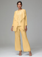 3 Pieces Long Sleeves Chiffon Lace Mother Of The Bride Dress Pants Suits