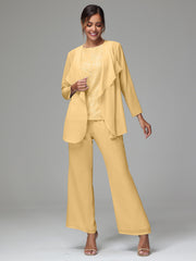 3 Pieces Long Sleeves Chiffon Lace Mother Of The Bride Dress Pants Suits