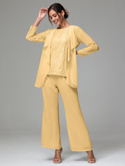 3 Pieces Long Sleeves Chiffon Lace Mother Of The Bride Dress Pants Suits