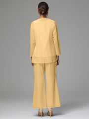 3 Pieces Long Sleeves Chiffon Lace Mother Of The Bride Dress Pants Suits