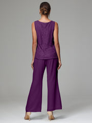 3 Pieces Long Sleeves Chiffon Lace Mother Of The Bride Dress Pants Suits