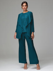 3 Pieces Long Sleeves Chiffon Lace Mother Of The Bride Dress Pants Suits