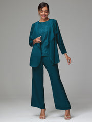 3 Pieces Long Sleeves Chiffon Lace Mother Of The Bride Dress Pants Suits