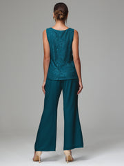 3 Pieces Long Sleeves Chiffon Lace Mother Of The Bride Dress Pants Suits