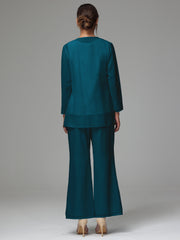 3 Pieces Long Sleeves Chiffon Lace Mother Of The Bride Dress Pants Suits