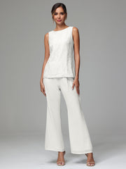 3 Pieces Long Sleeves Chiffon Lace Mother Of The Bride Dress Pants Suits