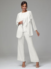 3 Pieces Long Sleeves Chiffon Lace Mother Of The Bride Dress Pants Suits