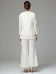 3 Pieces Long Sleeves Chiffon Lace Mother Of The Bride Dress Pants Suits