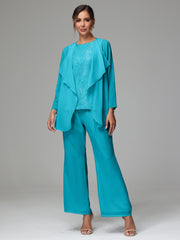 3 Pieces Long Sleeves Chiffon Lace Mother Of The Bride Dress Pants Suits