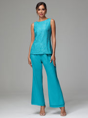 3 Pieces Long Sleeves Chiffon Lace Mother Of The Bride Dress Pants Suits