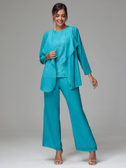 3 Pieces Long Sleeves Chiffon Lace Mother Of The Bride Dress Pants Suits