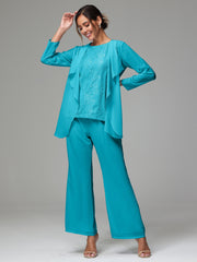 3 Pieces Long Sleeves Chiffon Lace Mother Of The Bride Dress Pants Suits