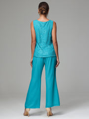 3 Pieces Long Sleeves Chiffon Lace Mother Of The Bride Dress Pants Suits