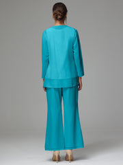 3 Pieces Long Sleeves Chiffon Lace Mother Of The Bride Dress Pants Suits