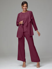 3 Pieces Long Sleeves Chiffon Lace Mother Of The Bride Dress Pants Suits