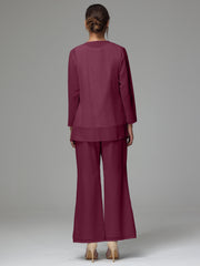 3 Pieces Long Sleeves Chiffon Lace Mother Of The Bride Dress Pants Suits