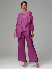 3 Pieces Long Sleeves Chiffon Lace Mother Of The Bride Dress Pants Suits