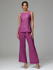 3 Pieces Long Sleeves Chiffon Lace Mother Of The Bride Dress Pants Suits