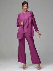 3 Pieces Long Sleeves Chiffon Lace Mother Of The Bride Dress Pants Suits