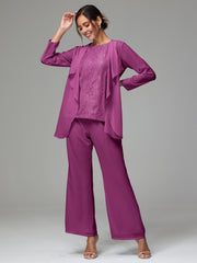 3 Pieces Long Sleeves Chiffon Lace Mother Of The Bride Dress Pants Suits