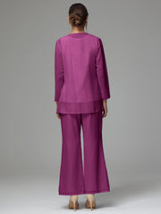 3 Pieces Long Sleeves Chiffon Lace Mother Of The Bride Dress Pants Suits