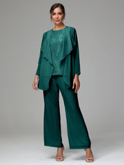 3 Pieces Long Sleeves Chiffon Lace Mother Of The Bride Dress Pants Suits