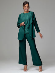 3 Pieces Long Sleeves Chiffon Lace Mother Of The Bride Dress Pants Suits