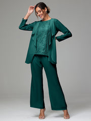 3 Pieces Long Sleeves Chiffon Lace Mother Of The Bride Dress Pants Suits