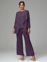 3 Pieces Long Sleeves Chiffon Lace Mother Of The Bride Dress Pants Suits