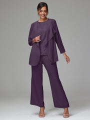 3 Pieces Long Sleeves Chiffon Lace Mother Of The Bride Dress Pants Suits