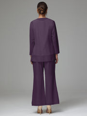 3 Pieces Long Sleeves Chiffon Lace Mother Of The Bride Dress Pants Suits