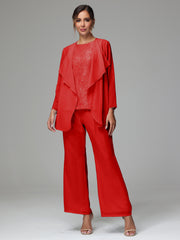 3 Pieces Long Sleeves Chiffon Lace Mother Of The Bride Dress Pants Suits