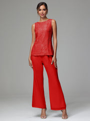 3 Pieces Long Sleeves Chiffon Lace Mother Of The Bride Dress Pants Suits