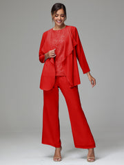 3 Pieces Long Sleeves Chiffon Lace Mother Of The Bride Dress Pants Suits