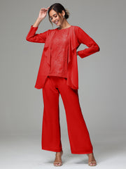 3 Pieces Long Sleeves Chiffon Lace Mother Of The Bride Dress Pants Suits