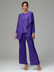 3 Pieces Long Sleeves Chiffon Lace Mother Of The Bride Dress Pants Suits